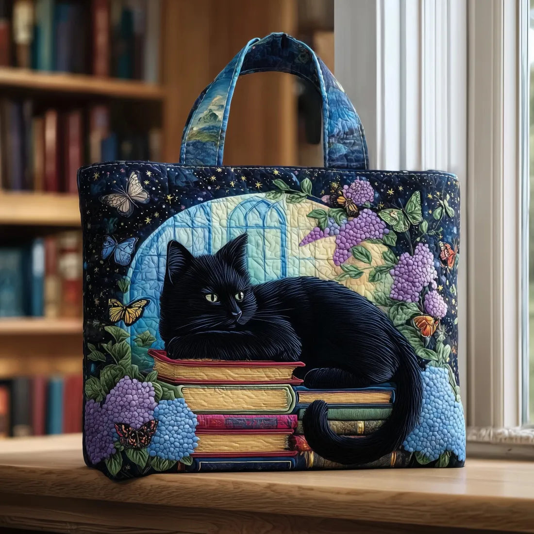 Handgemaakte tas - Zwarte kat op boeken