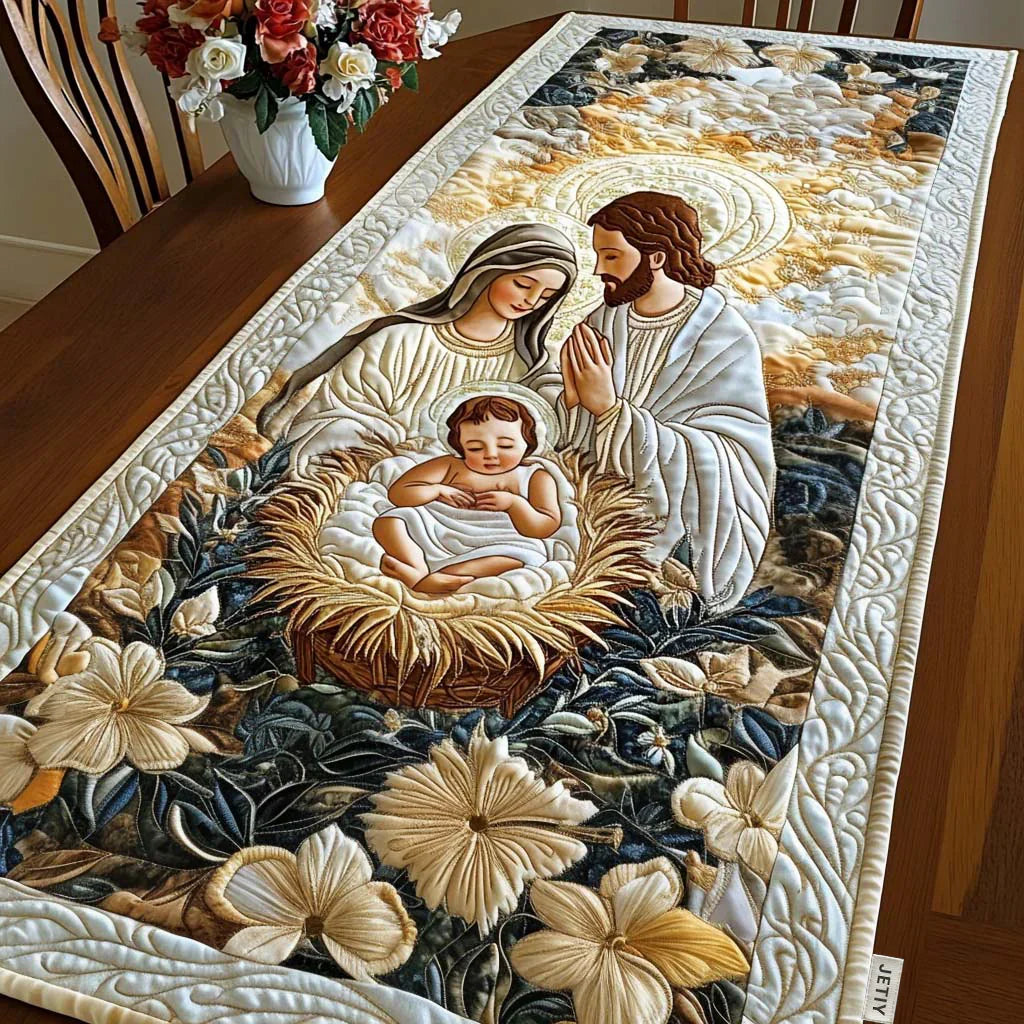 Gewatteerde tafelloper - Goddelijke kerststal