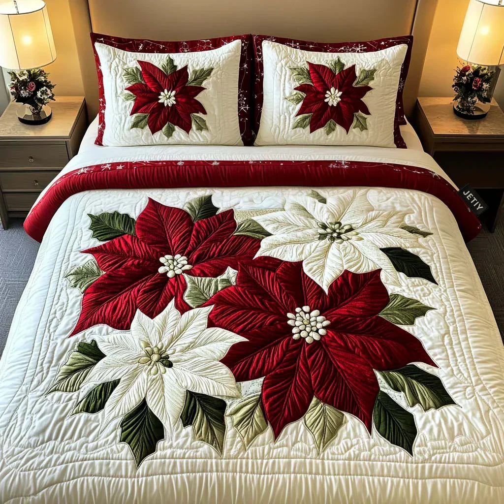 3-delige gewatteerde beddengoedset - Winterpoinsettia