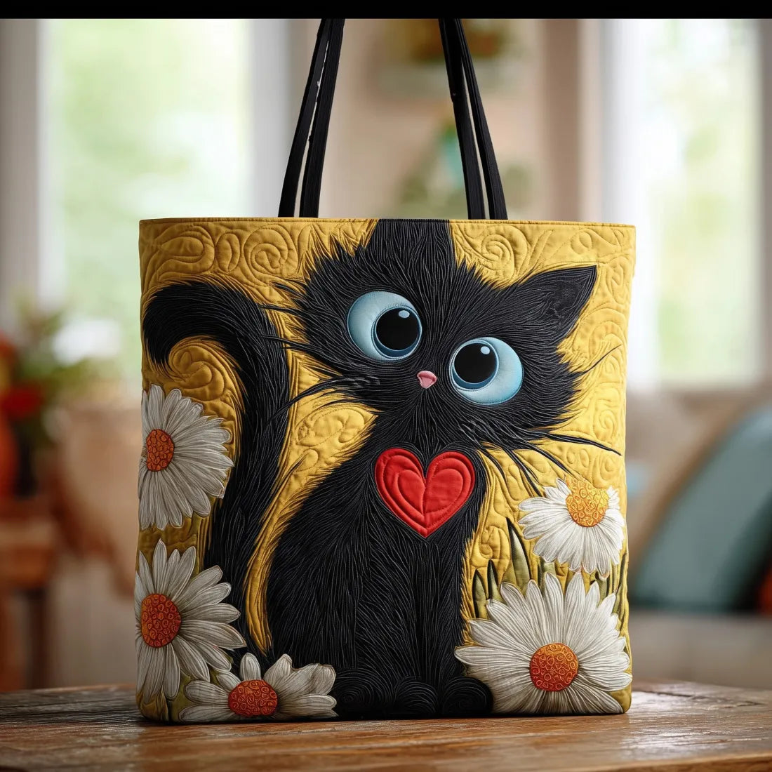 Handgemaakte tas - zwarte kat met madeliefjes