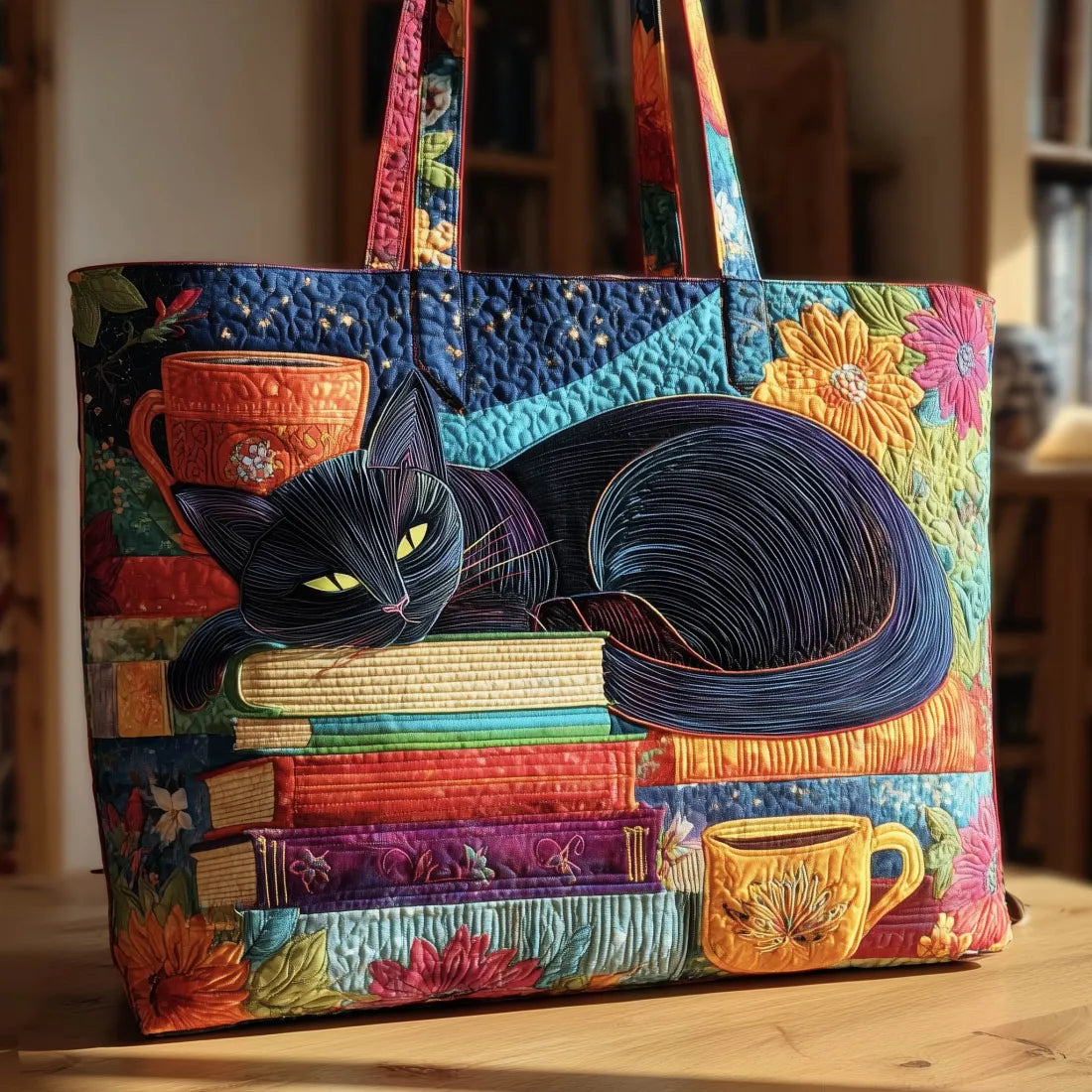 Handgemaakte tas - Zwarte kat met boeken en kopjes