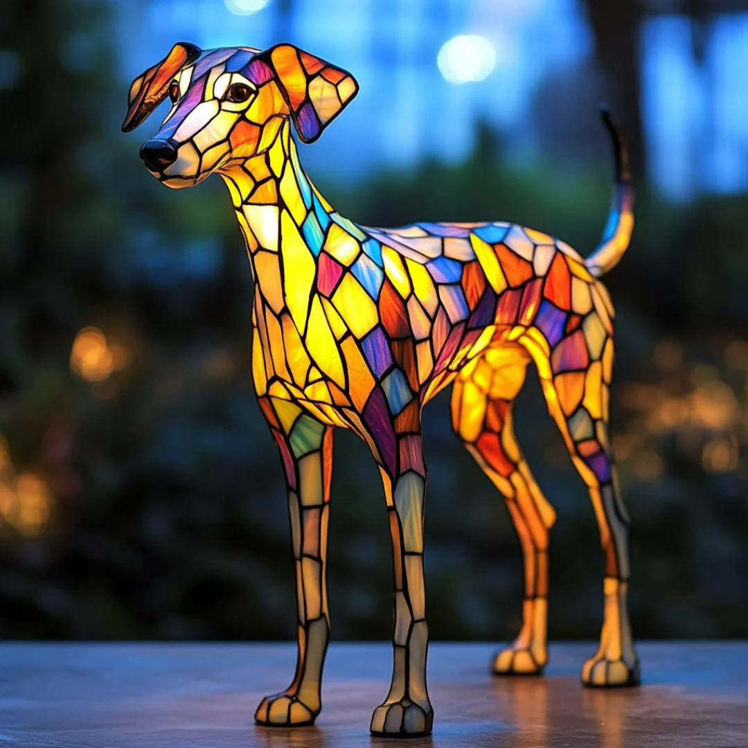 Lamp van gesoldeerd glas, geïnspireerd op de whippet