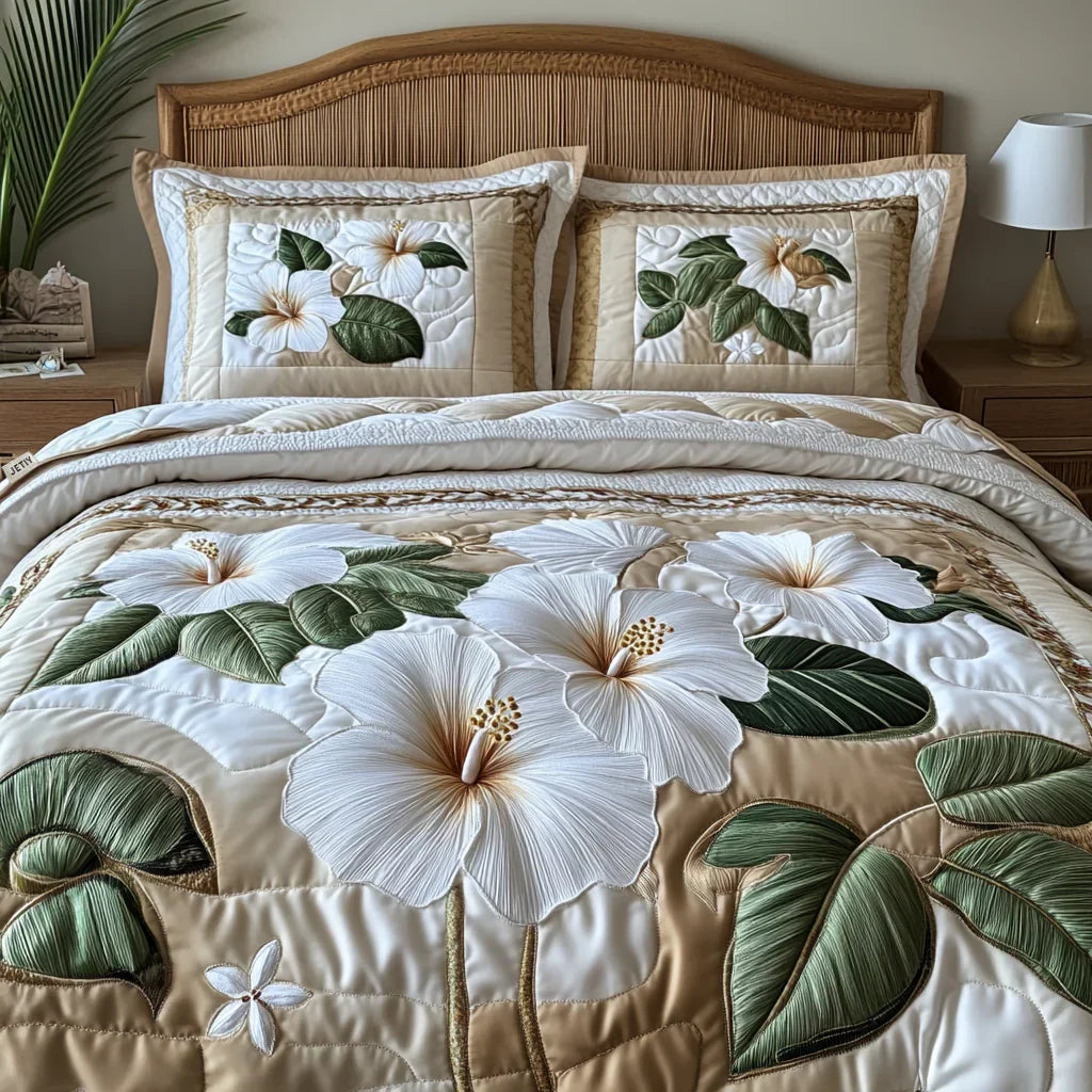 3-delige gewatteerde beddengoedset - Witte hibiscus