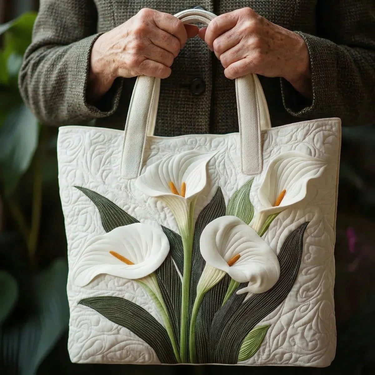 Handgemaakte gewatteerde tas - Witte lelies
