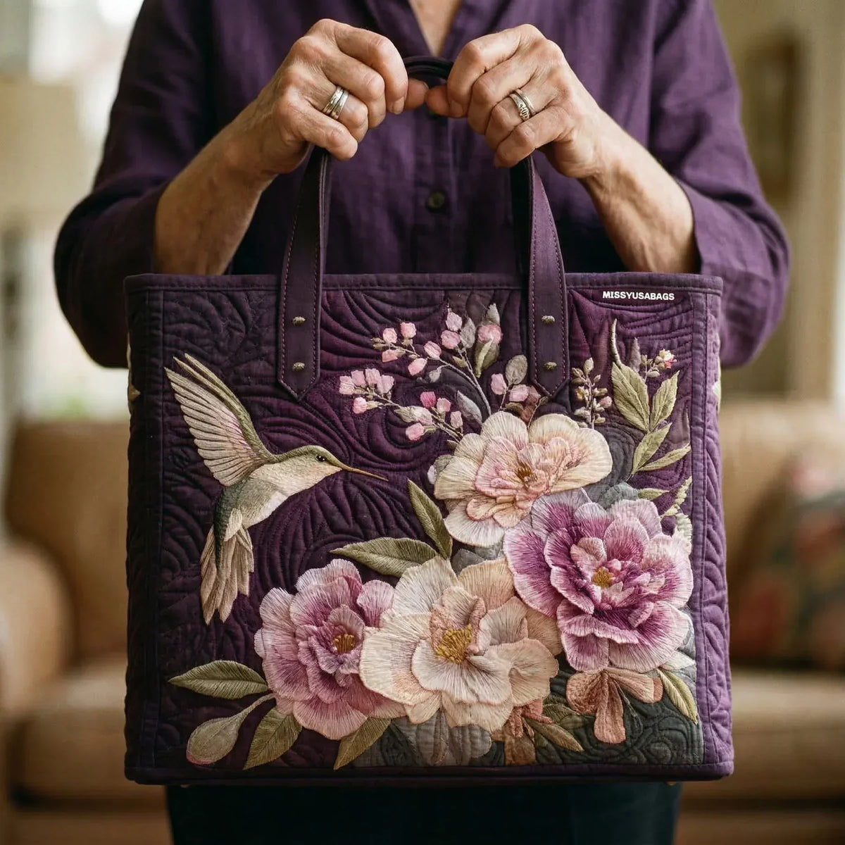 Handgemaakte gewatteerde tas - Kolibries en orchideeën