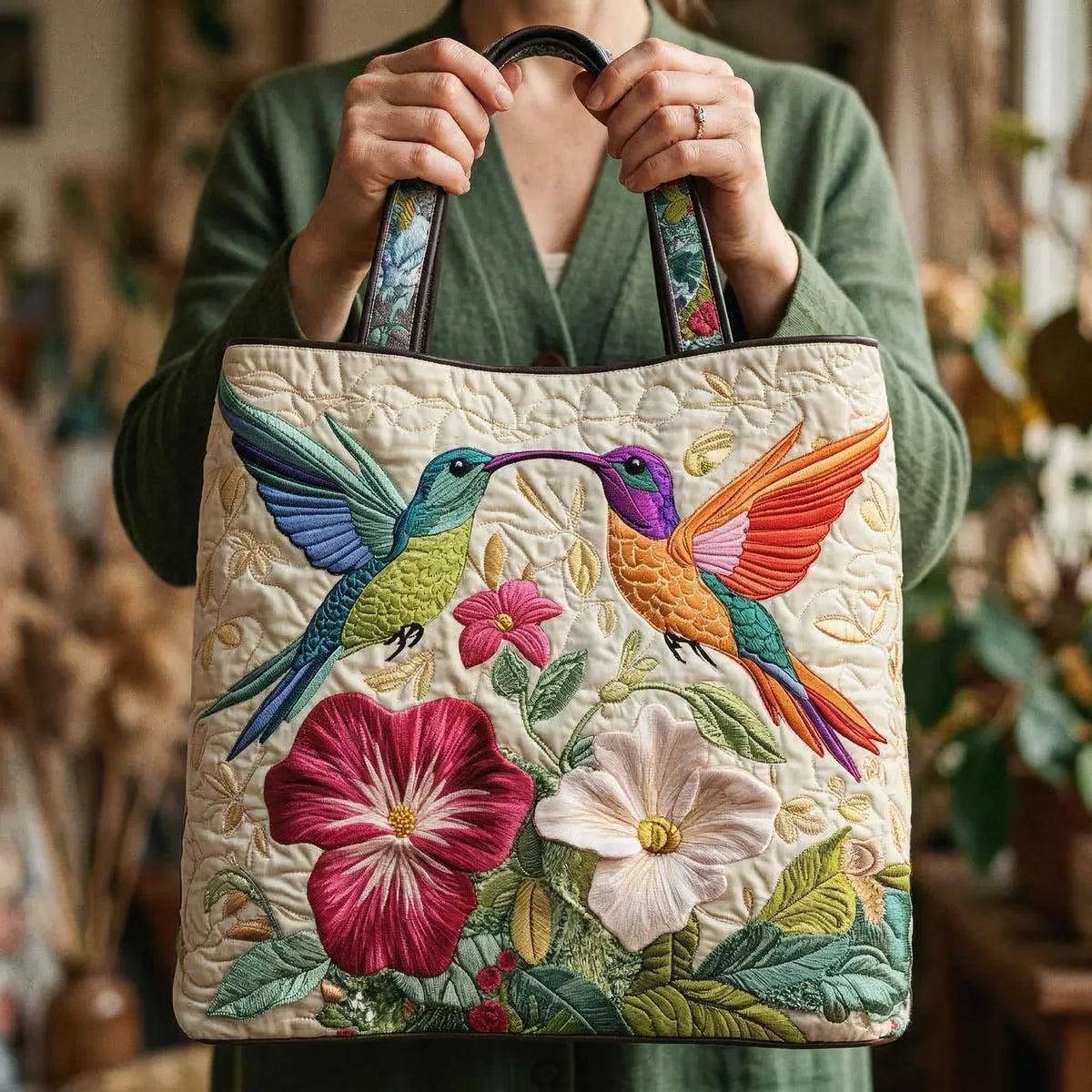 Gewatteerde tas - Kolibrie en witte bloemen