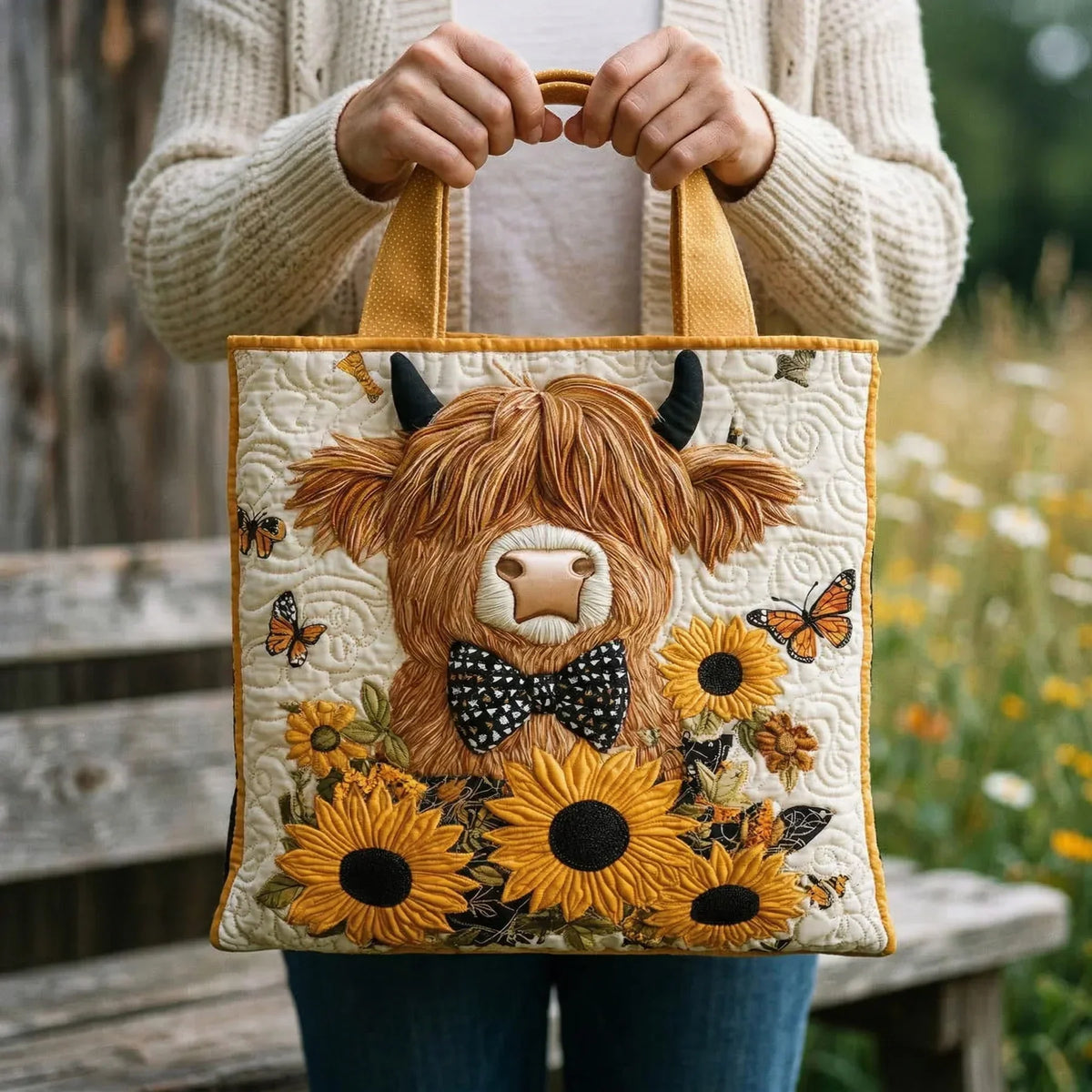 Gewatteerde tas - Schotse hooglander met zonnebloemen