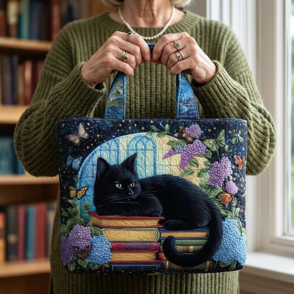 Handgemaakte tas - Zwarte kat op boeken