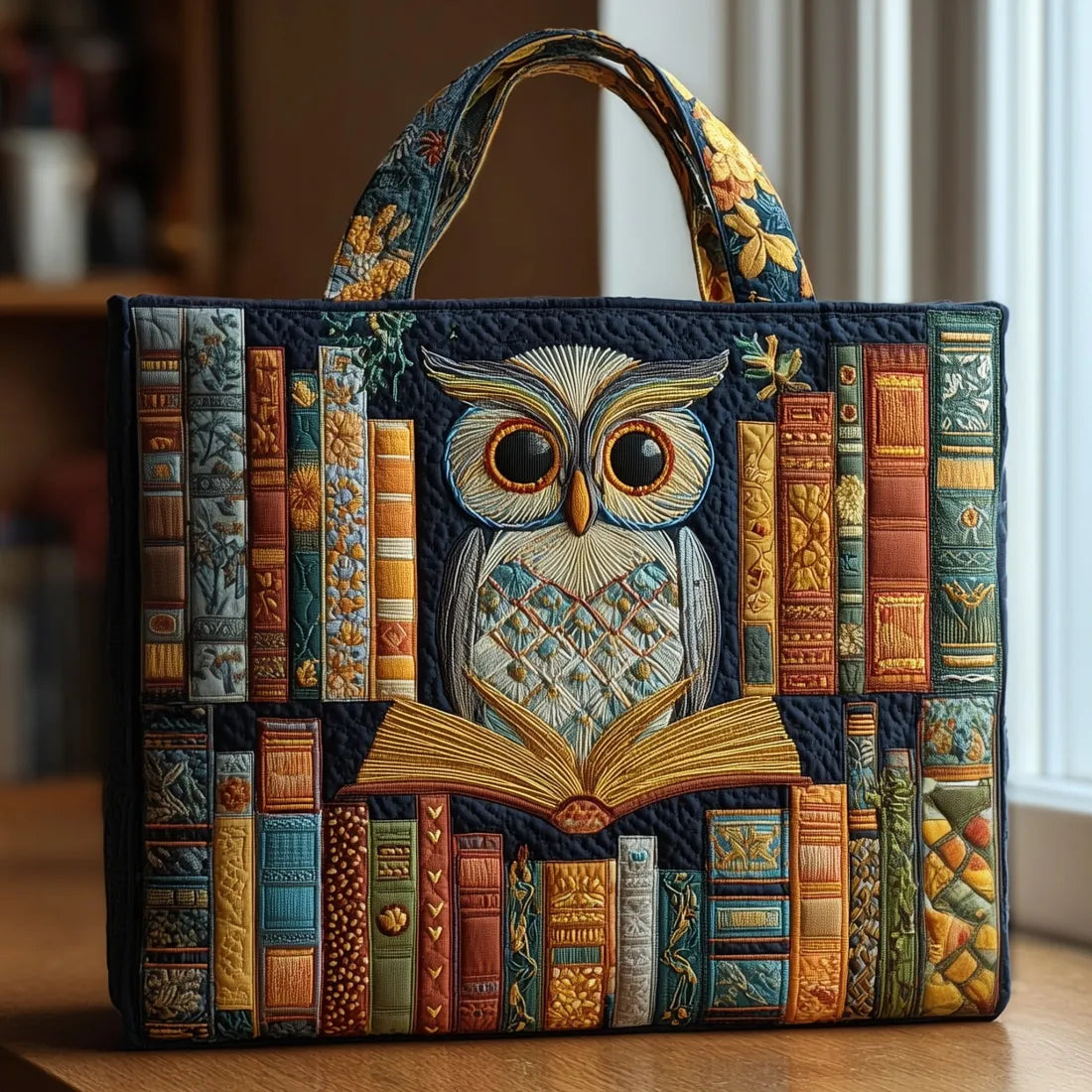 Handgemaakte tas - Uil en oude boeken