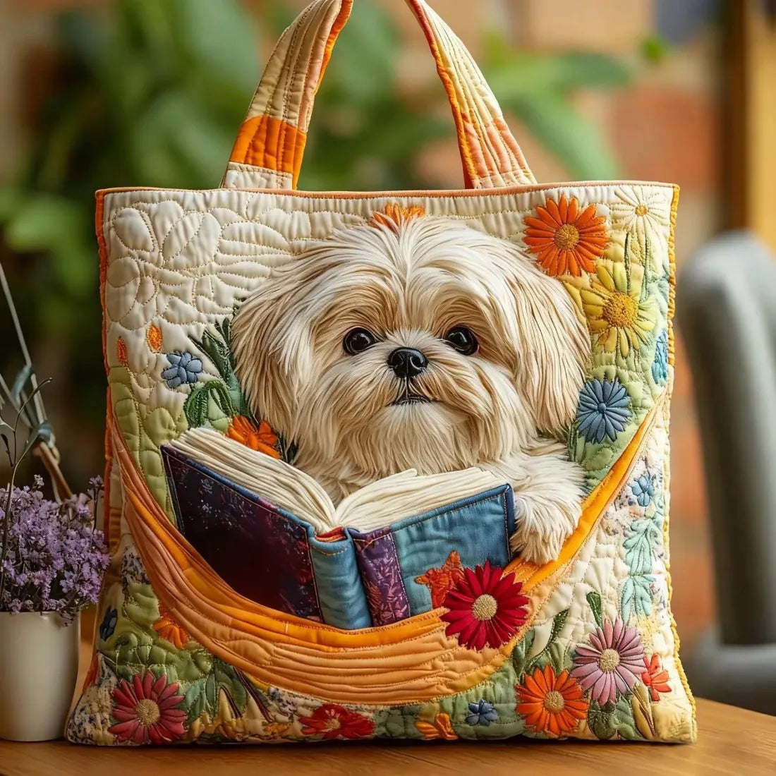 Handgemaakte tas - Shih Tzu met boeken en bloemen