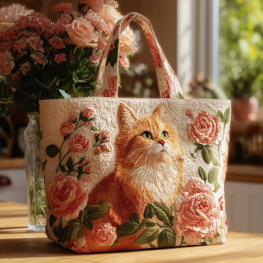 Handgemaakte tas - Rode kat met rozen
