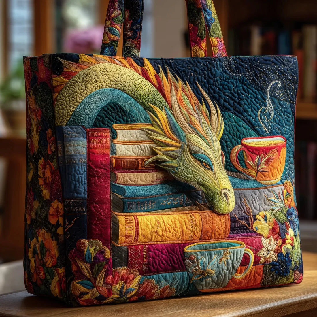 Handgemaakte tas - Lezende draak met boeken en mokken