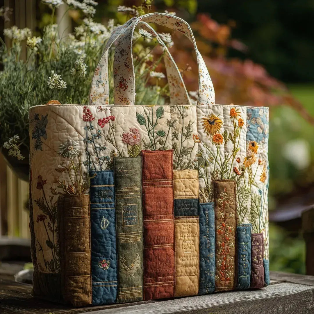 Handgemaakte gewatteerde tas - Boeken en Bloemen
