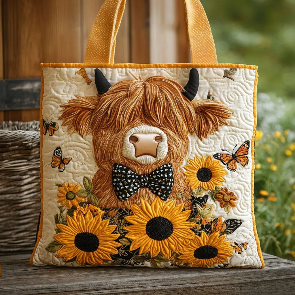 Gewatteerde tas - Schotse hooglander met zonnebloemen