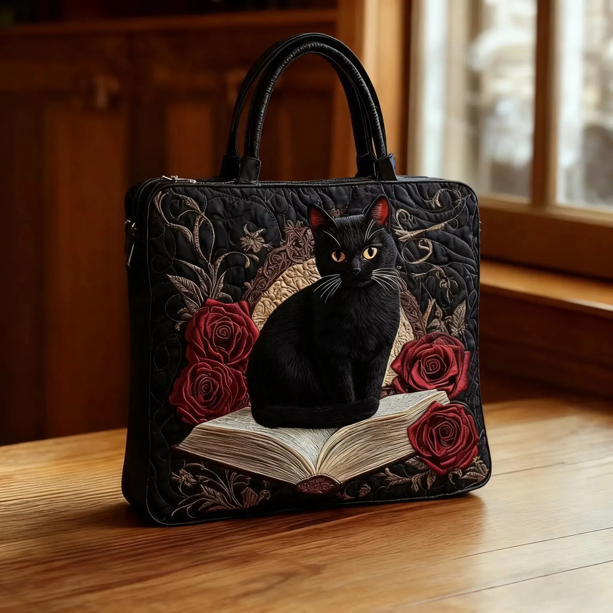 Handgemaakte gewatteerde tas - Zwarte kat op boeken