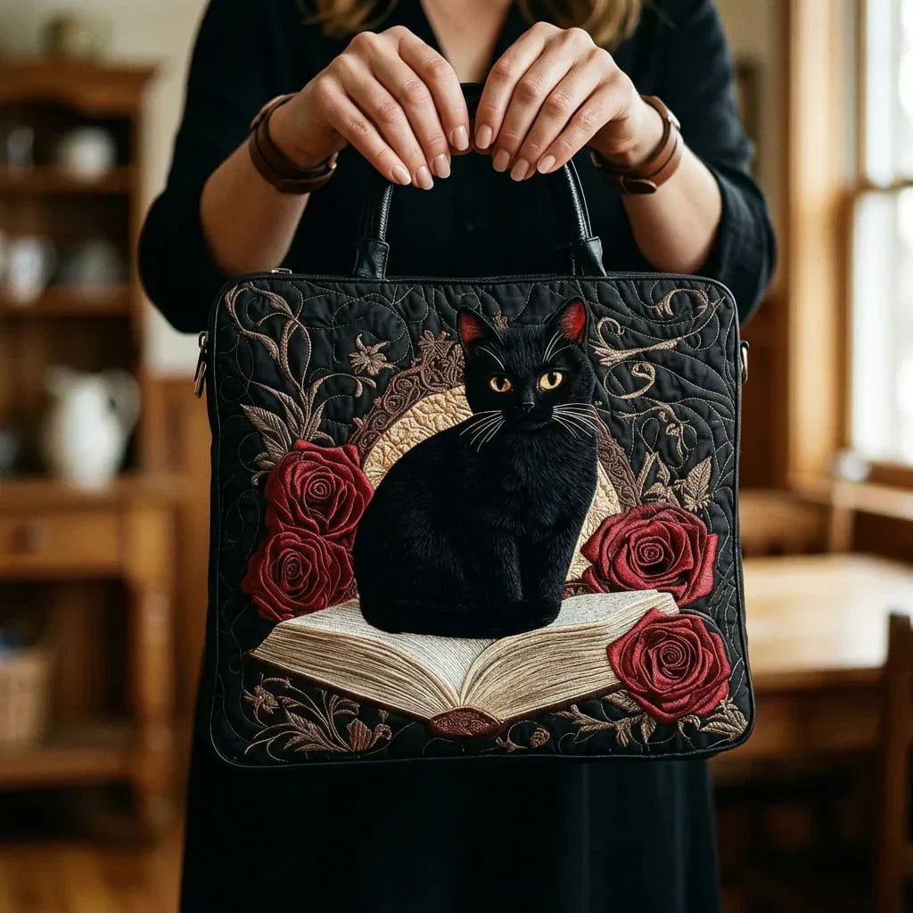 Handgemaakte gewatteerde tas - Zwarte kat op boeken