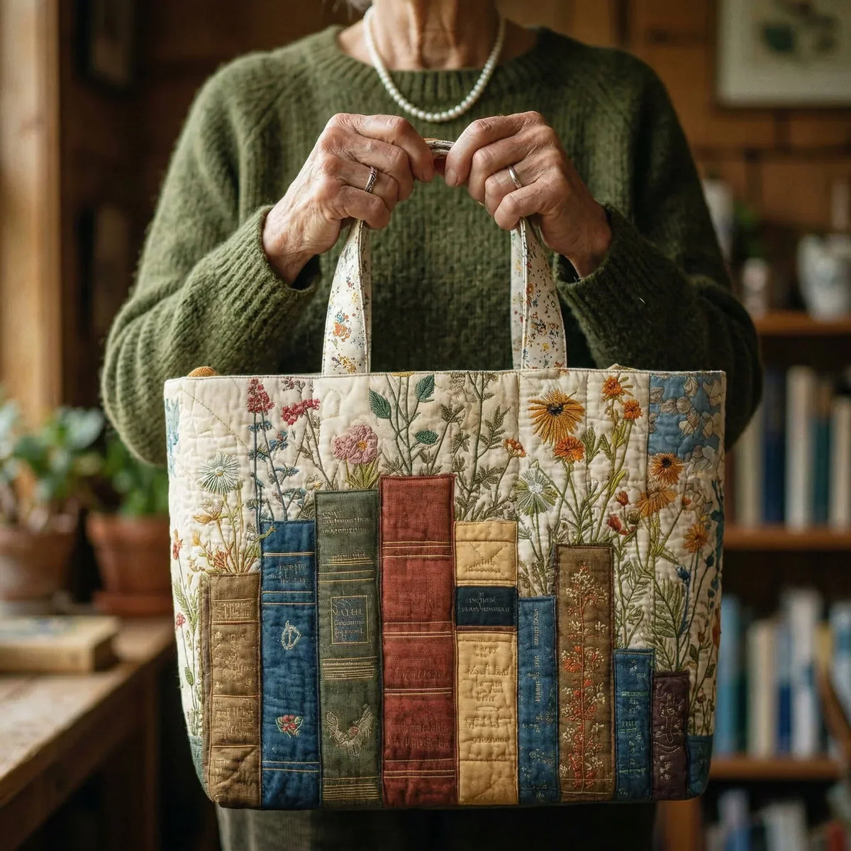 Handgemaakte gewatteerde tas - Boeken en Bloemen