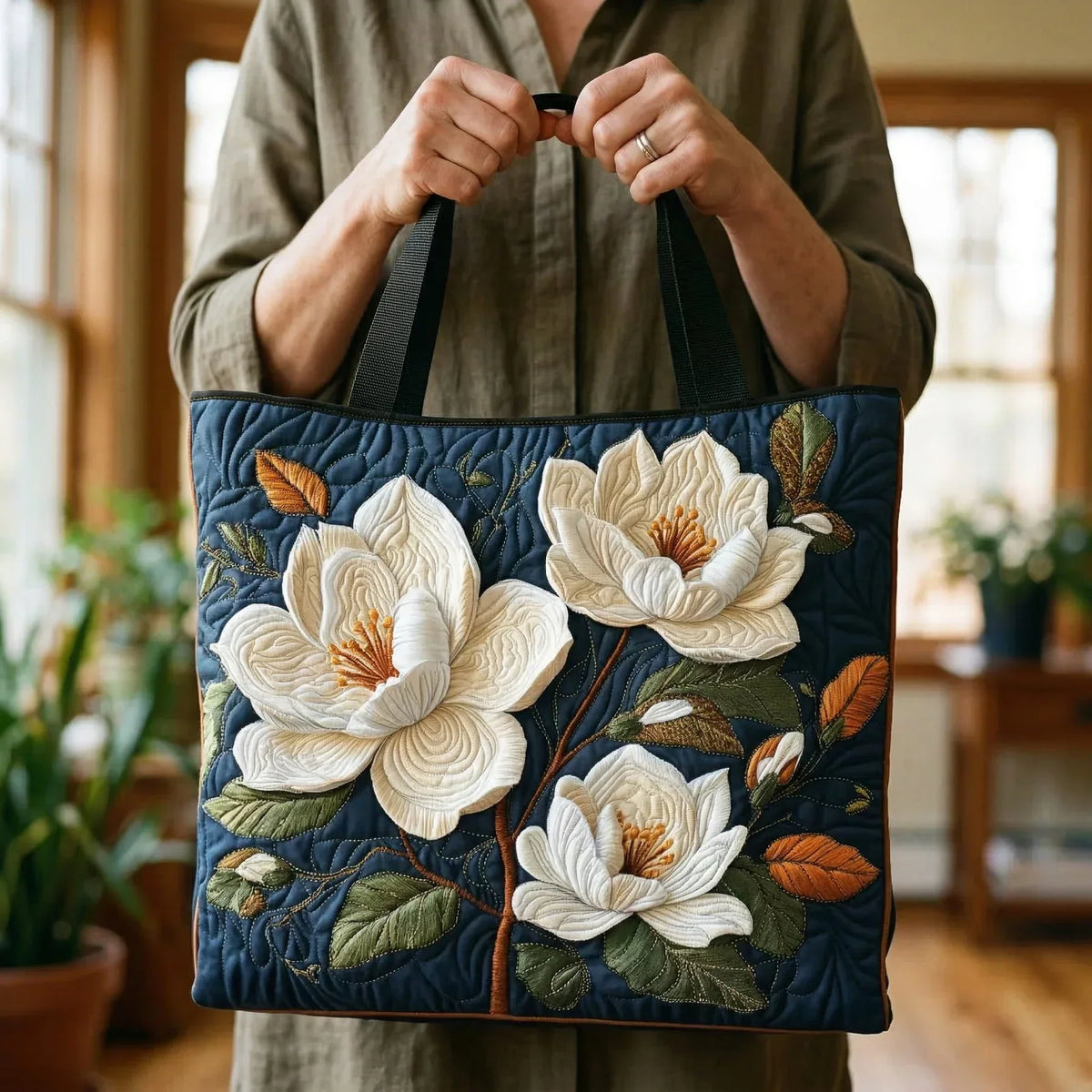 Handgemaakte gewatteerde tas - Delicate magnolia