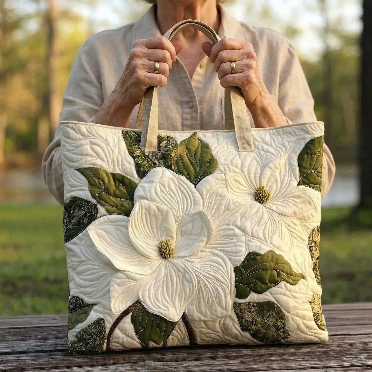 Handgemaakte gewatteerde tas - Elegante witte lelies