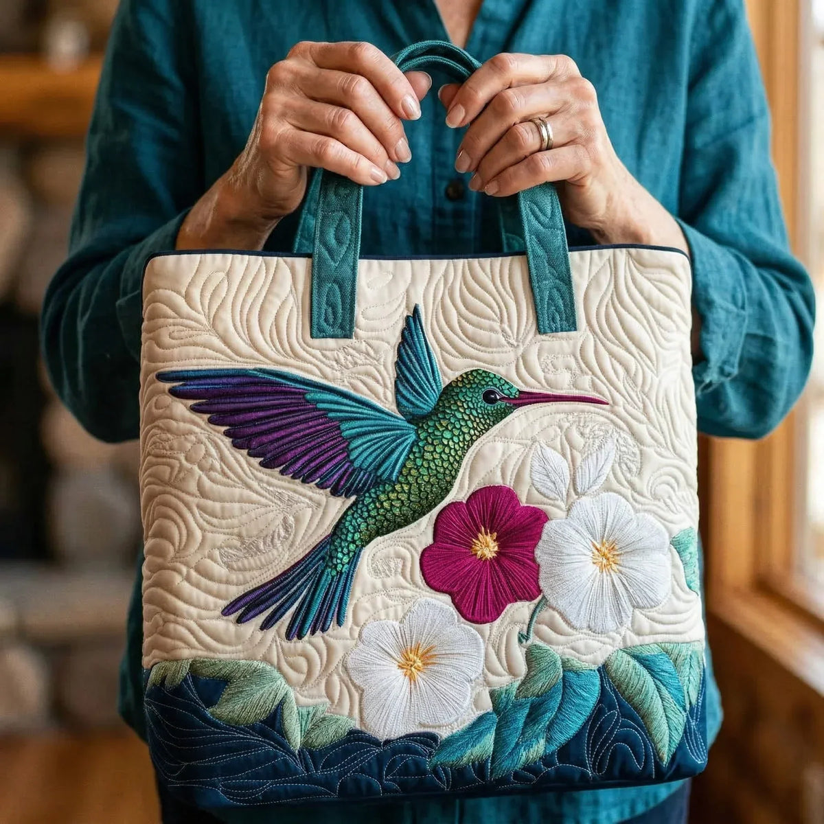 Gewatteerde tas - Kolibrie en witte bloem