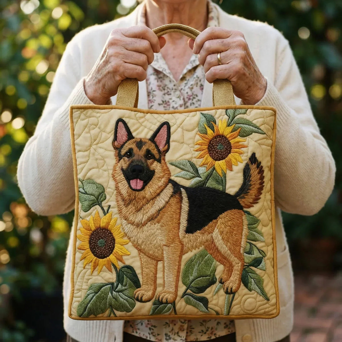 Handgemaakte tas - Duitse herder met bloemenmotief